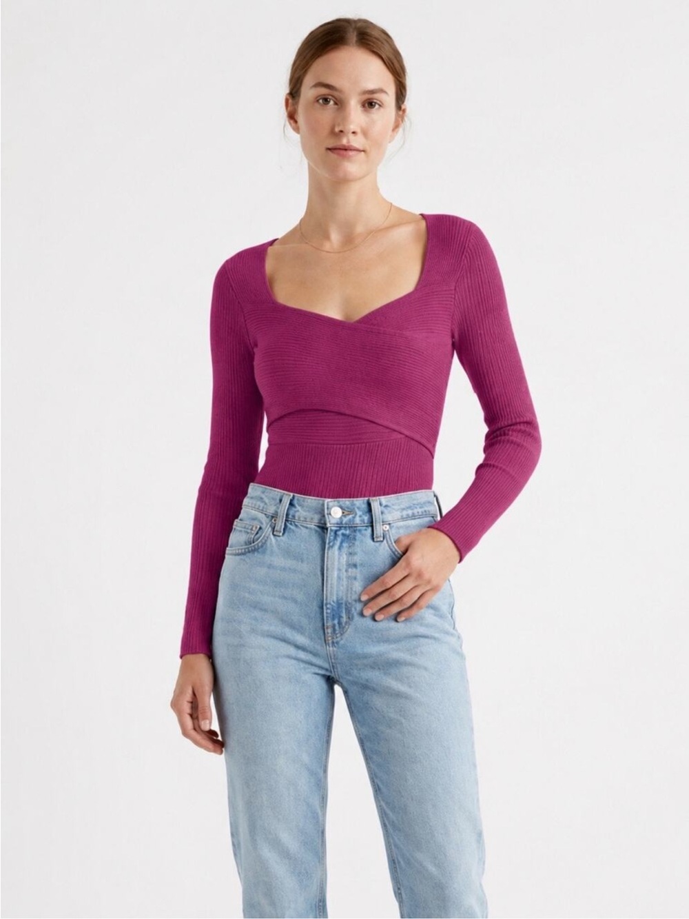 Abercrombie & Fitch Soft AF LuxeLoft Pink Wrap Ribbed Knit Bodysuit Size L